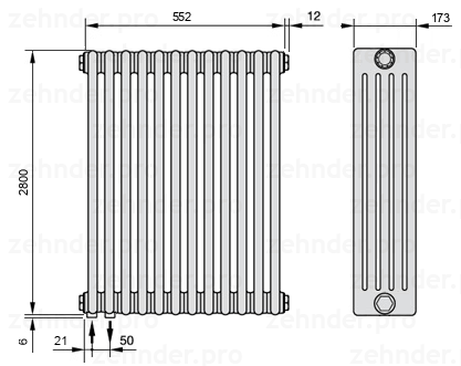 Схема (чертеж) Радиатор Zehnder Charleston 5280/12 №3370 Белый глянцевый RAL 9016